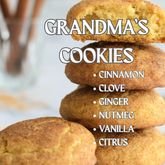 Grandma's Cookies by brigid trading company text about the fragrance line on a graphic of fresh cookies featuring cinnamon clove ginger nutmeg vanilla and citrus